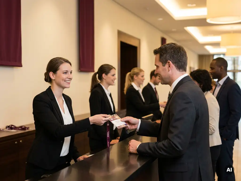 Hostess in schwarzem Blazer überreicht einem Kongressgast am Empfangstresen einen Lanyard-Ausweis im modernen deutschen Kongresszentrum.