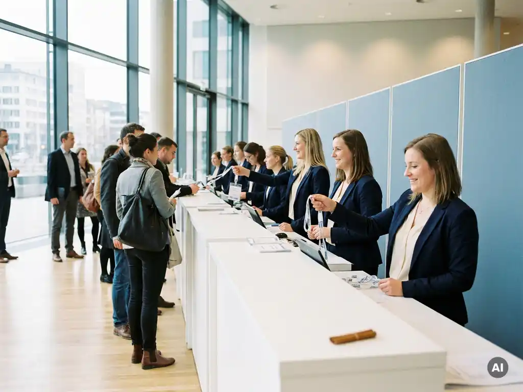 Elegante Hostessen empfangen Kongressteilnehmer an modernen weißen Check-in-Countern in einer lichtdurchfluteten deutschen Messehalle.