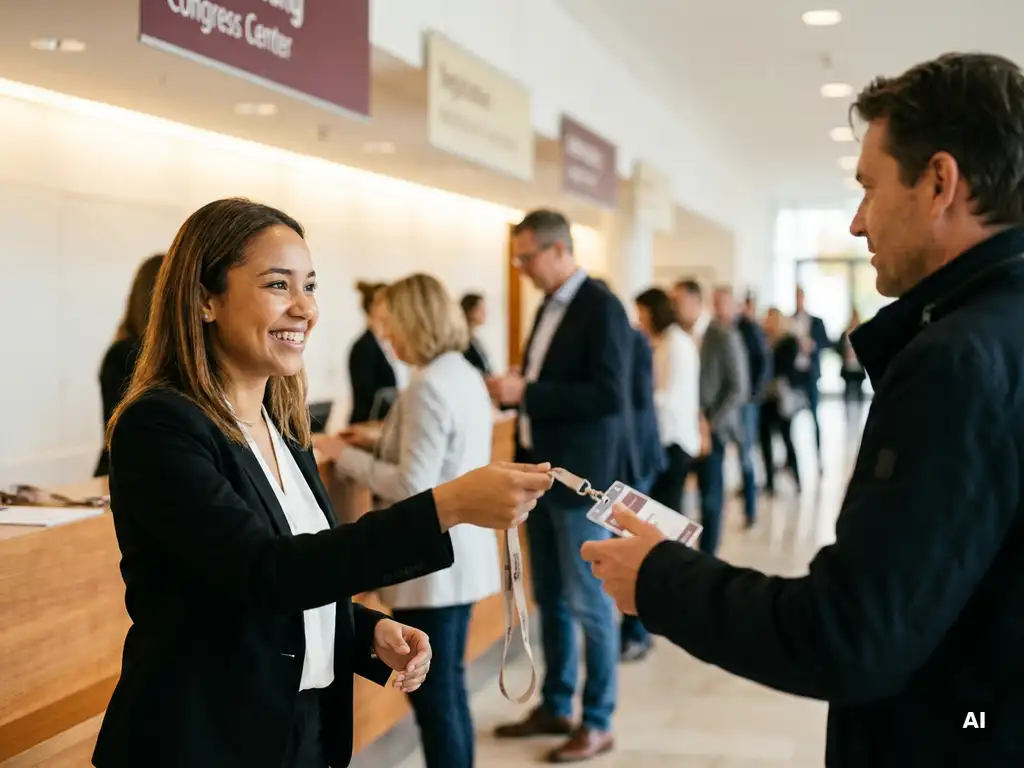Junge Frau im schwarzen Blazer reicht einem Kongressgast am Empfangstresen ein Lanyard-Badge.