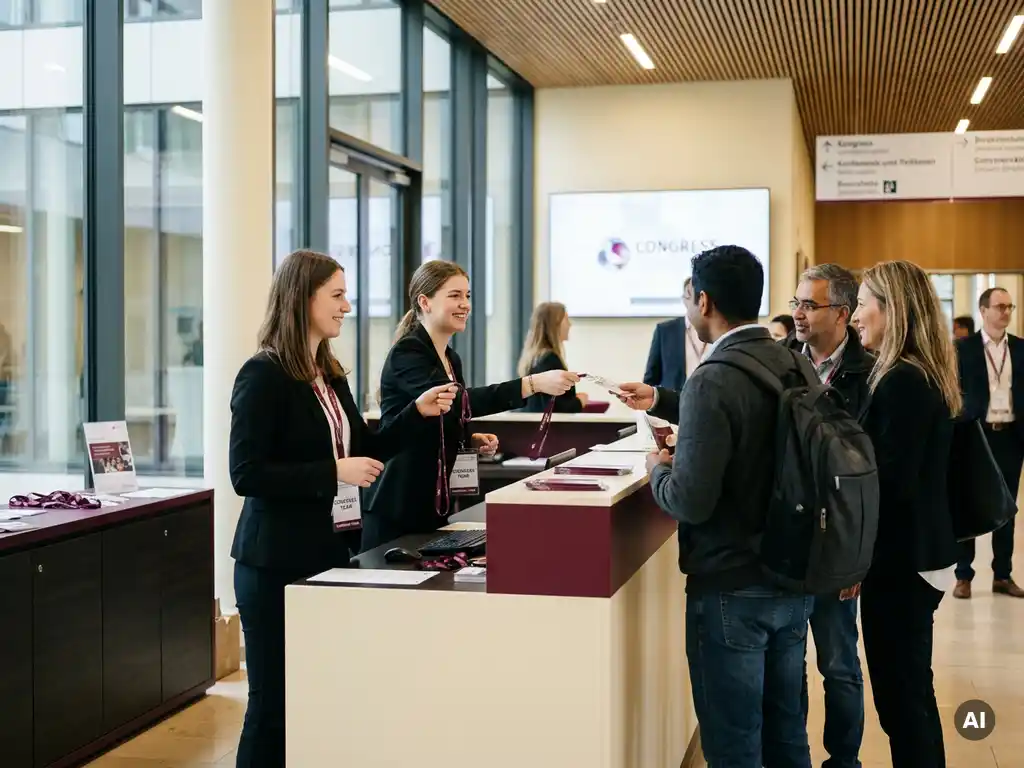 Zwei professionelle Hostessen verteilen Namensschilder und Lanyards am Registrierungsschalter eines internationalen Kongresses in Deutschland.