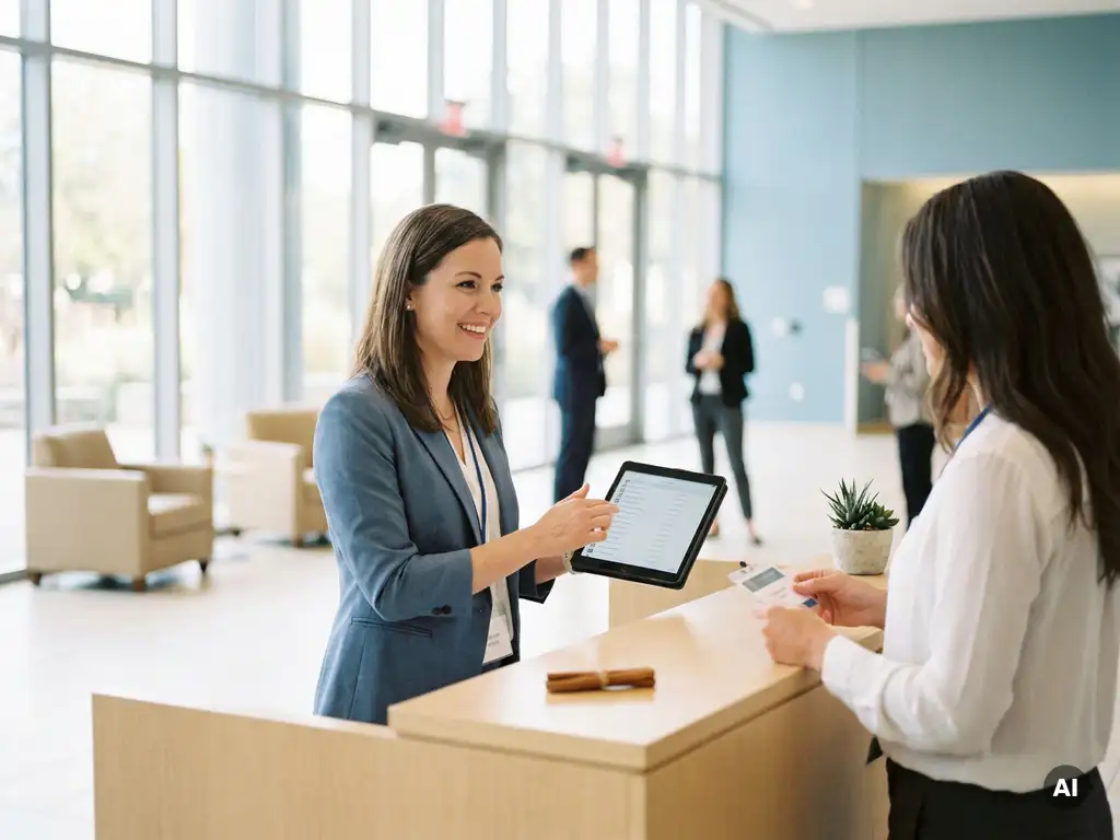 Hostess am modernen Kongressempfang prüft Anmeldung auf digitalem Tablet, helles Foyer mit Panoramafenstern im Hintergrund.