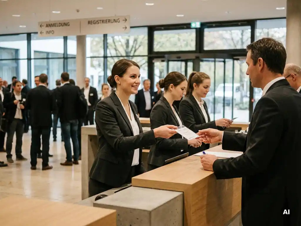 Kongresshostess in dunklem Blazer überreicht einem Delegierten ein Lanyard-Badge am Anmeldetresen eines deutschen Kongresszentrums.
