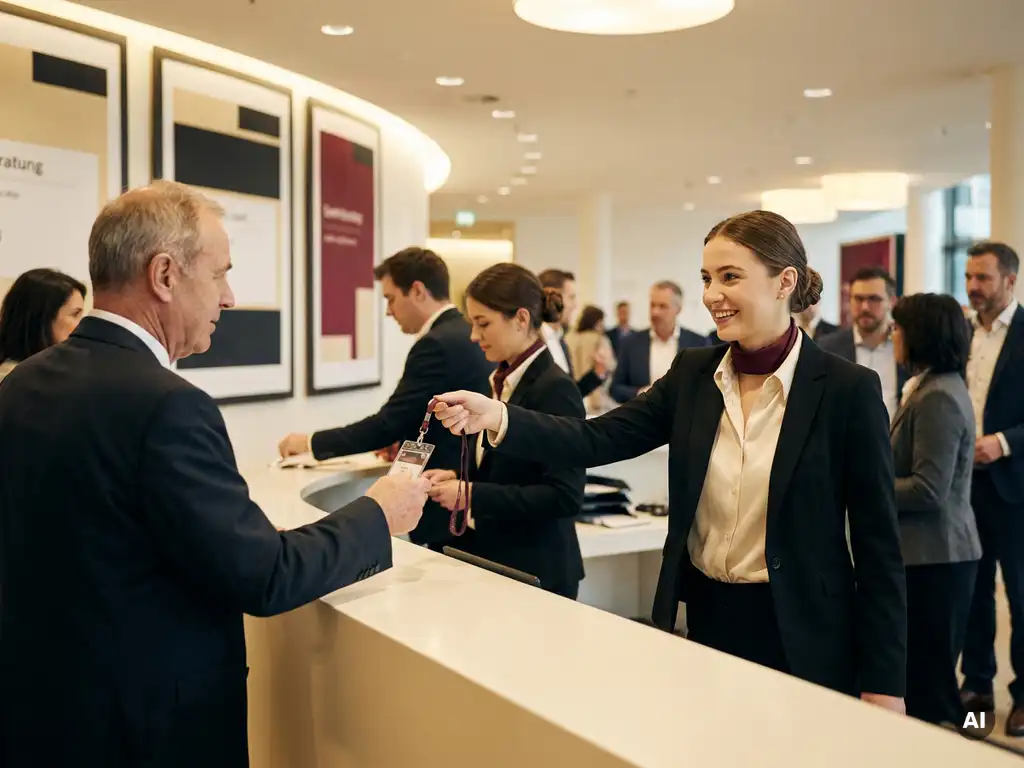 Hostess in elegantem schwarzen Outfit überreicht einem Kongressgast ein Lanyard-Badge am modernen Registrierungstresen.