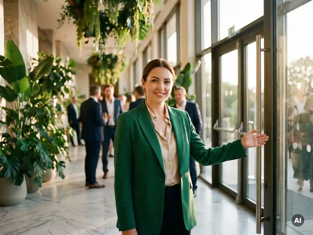 Elegante Kongress-Hostess empfängt Gäste in modernem Konferenzzentrum mit botanischen Installationen und goldenem Lichteinfall.