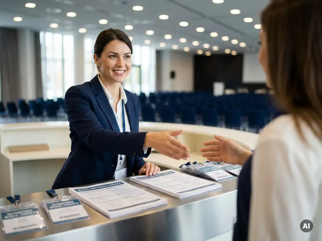 Kongress-Hostess im marineblauen Blazer begrüßt Teilnehmer an einem Registrierungstresen mit Ausweisen und Programmen.