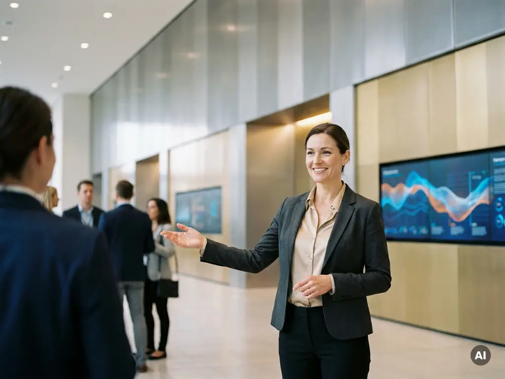 Kongress-Hostess in eleganter Kleidung begrüßt Gäste im modernen Foyer eines deutschen Kongresszentrums mit digitalen Bildschirmen.