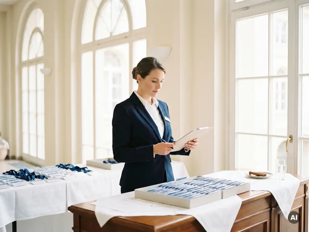 Professionelle Hostess im Blazer prüft Klemmbrett am Eingang eines deutschen Kongresszentrums mit Namensschildern am Empfangstresen.