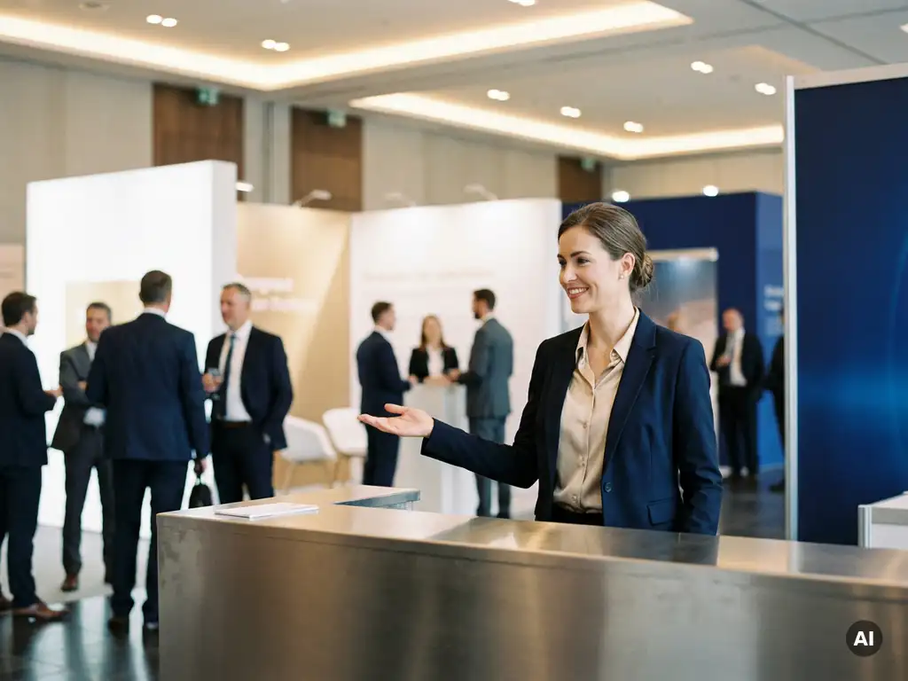 Kongress-Hostess in eleganter Kleidung begrüßt Teilnehmer am Empfangstresen einer modernen Gesundheitskonferenz.