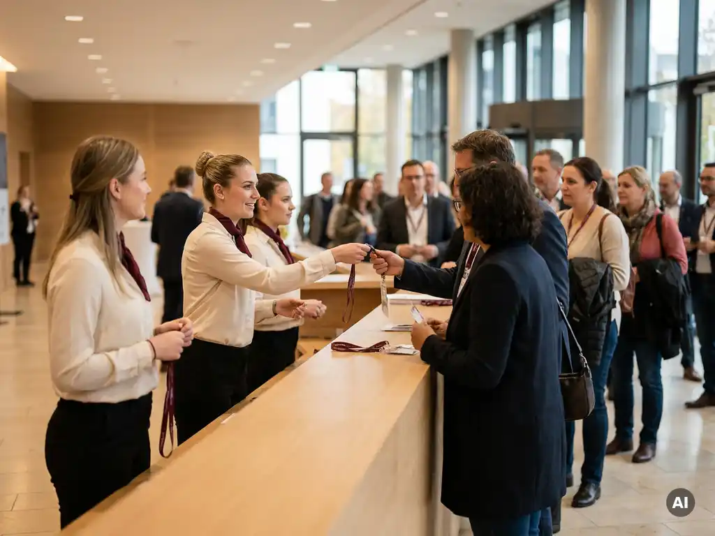 Drei Hostessen verteilen Namensschilder und Lanyards an Gäste an einem belebten Registrierungstresen eines deutschen Kongresszentrums.