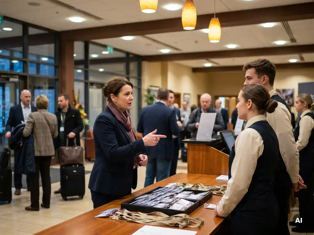 Teamleiterin im dunklen Blazer brieft zwei Eventmitarbeiter an einem Kongressregistrierungstresen mit Lanyards und Ausweishaltern.