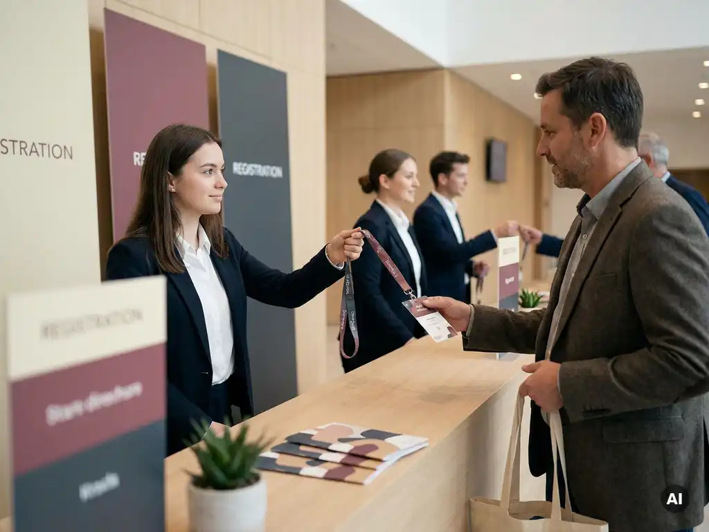 Hospitality-Mitarbeiterin überreicht Kongressteilnehmer ein Lanyard-Badge am modernen Registrierungstresen bei einer Fachveranstaltung.