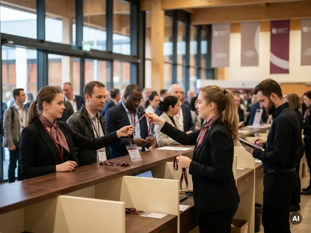 Hospitality-Team verteilt Namensschilder und Lanyards an internationale Gäste am Kongressregistrierungsschalter.