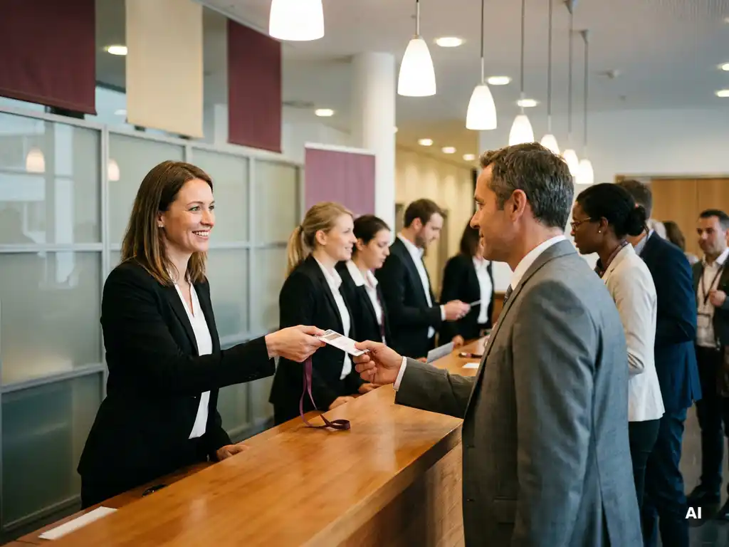 Hostess in schwarzem Blazer überreicht einem Kongressgast ein Lanyard-Badge an einem modernen Empfangstresen im deutschen Kongresszentrum.