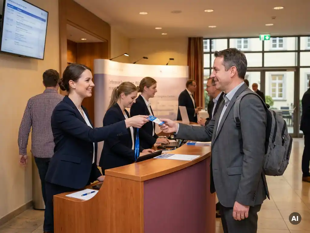 Hostess in dunklem Blazer überreicht einem Kongressteilnehmer ein Lanyardabzeichen am Registrierungsschalter eines modernen Kongresszentrums.