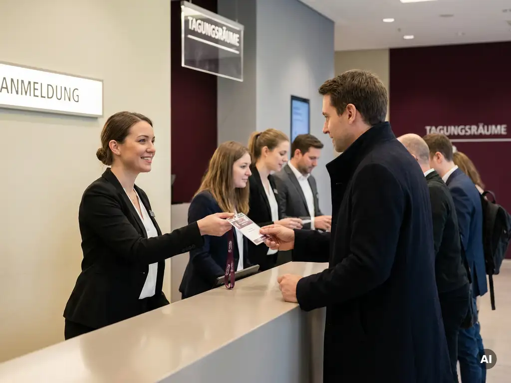 Hostess in schwarzem Blazer übergibt Kongressgast am Anmeldetresen ein Lanyard-Badge im Berliner Kongresszentrum.