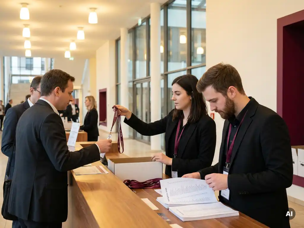 Zwei Mitarbeiterinnen am Registrierungsschalter eines deutschen Kongresszentrums übergeben einem Gast ein Lanyard-Badge.