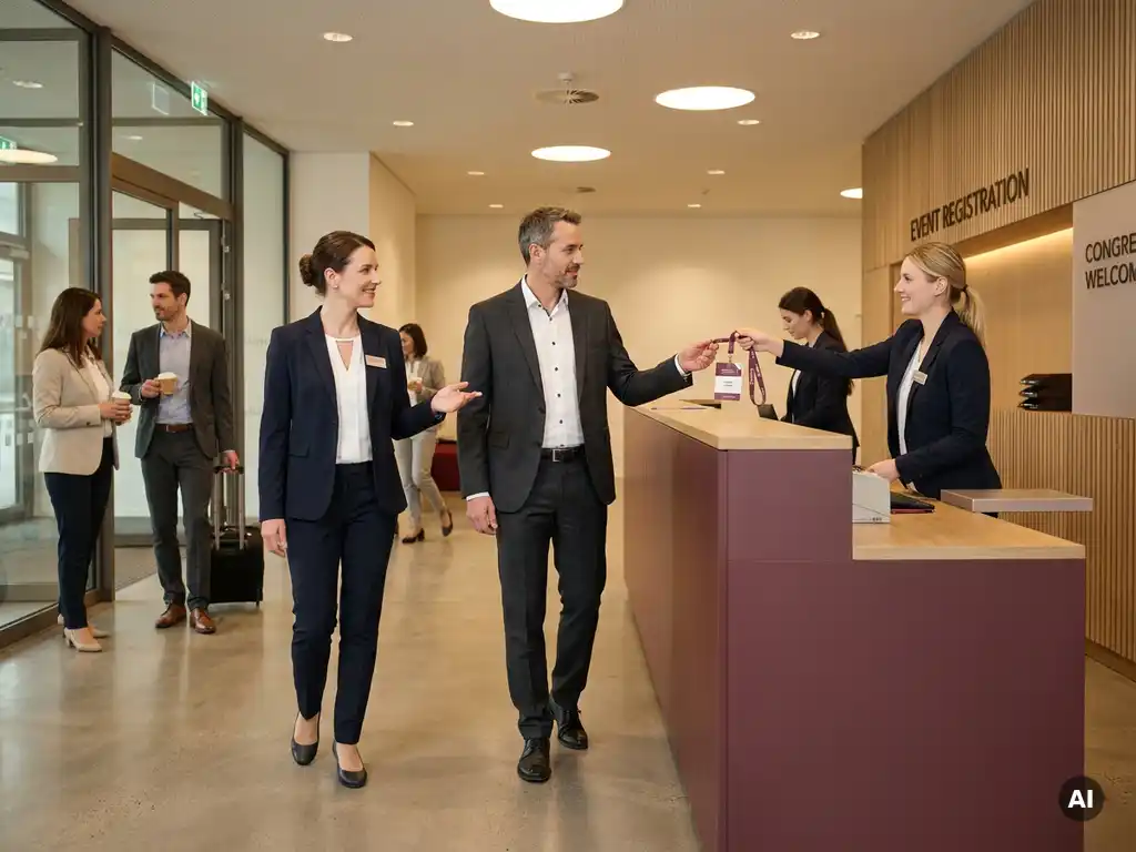 Hospitality-Mitarbeiterin im dunklen Blazer begleitet VIP-Gast bei der Registrierung eines modernen Kongresszentrums, Kollegin überreicht Lanyard-Badge.