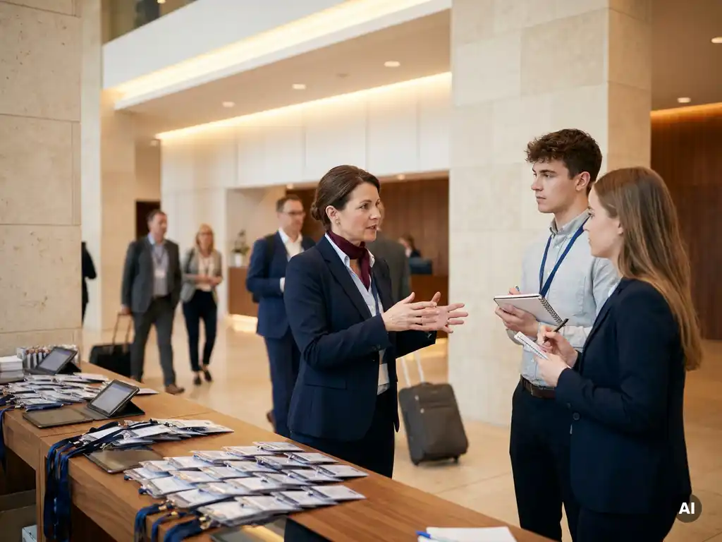 Teamleiterin im dunklen Blazer brieft zwei Eventmitarbeiter am Kongressregistrierungstresen mit Lanyards und Ausweishaltern.