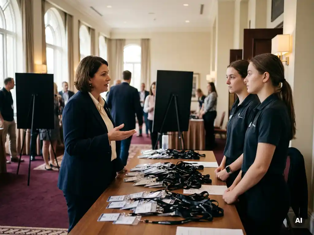Koordinatorin im dunklen Blazer briefing zwei Eventmitarbeiter am Kongressregistrierungstresen mit Lanyards und Ausweishaltern.