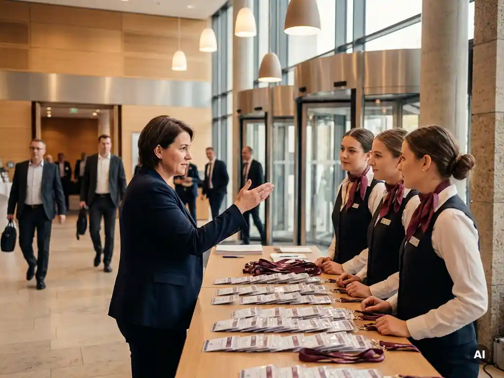 Teamleiterin im dunklen Blazer koordiniert Eventpersonal am Registrierungstresen eines deutschen Kongresszentrums mit Badges und Lanyards.