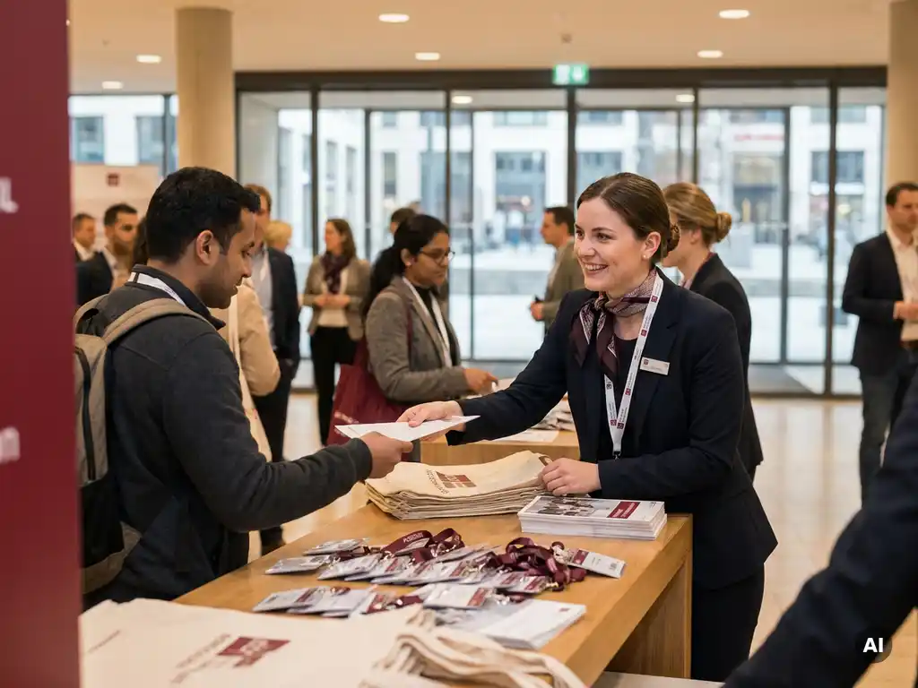 Mehrsprachige Hostess im dunklen Blazer berät internationalen Konferenzteilnehmer am Registrierungsschalter eines deutschen Kongresszentrums.