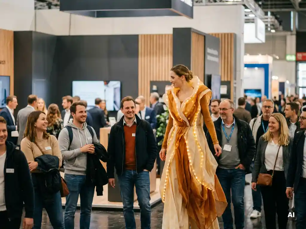 Laufact-Performerin in elegantem Kostüm unterhält Besucher in einer deutschen Messehalle mit modernen Ausstellungsständen im Hintergrund.