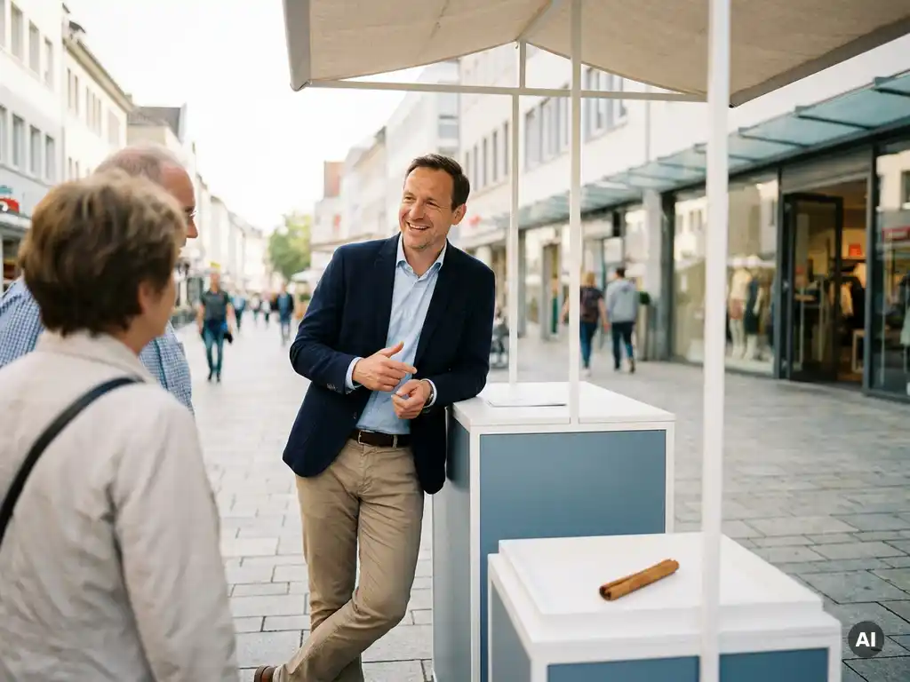 Promoter im Smart-Casual-Look spricht Passanten an einem modernen Markenstand in einer deutschen Fußgängerzone an, Zimtstange auf dem Tresen.