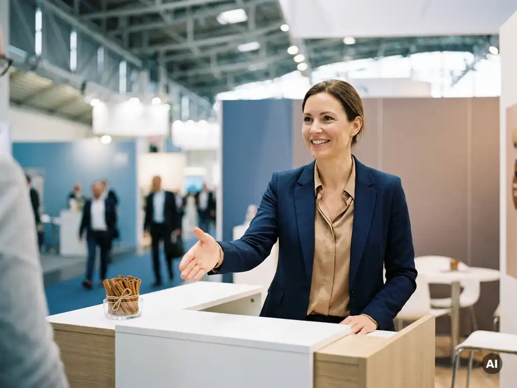 Markenbotschafterin begrüßt Besucher an elegantem Messestand mit Zimtstangen-Detail, moderner Messehalle im Hintergrund.