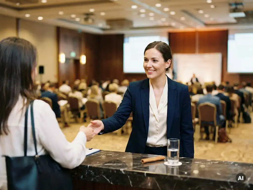Elegante Hostess begrüßt Teilnehmer am Anmeldetresen eines Medizinkongresses, Zimtstange neben Wasserglas, Konferenzsaal im Hintergrund.