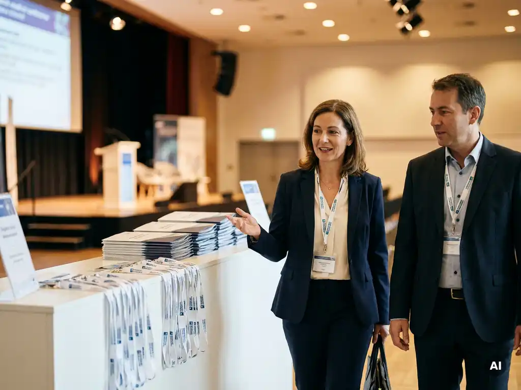 Professionelle Hostess im Blazer begleitet Redner am Registrierungstresen eines medizinischen Kongresses mit Namensschildern und Konferenzunterlagen.