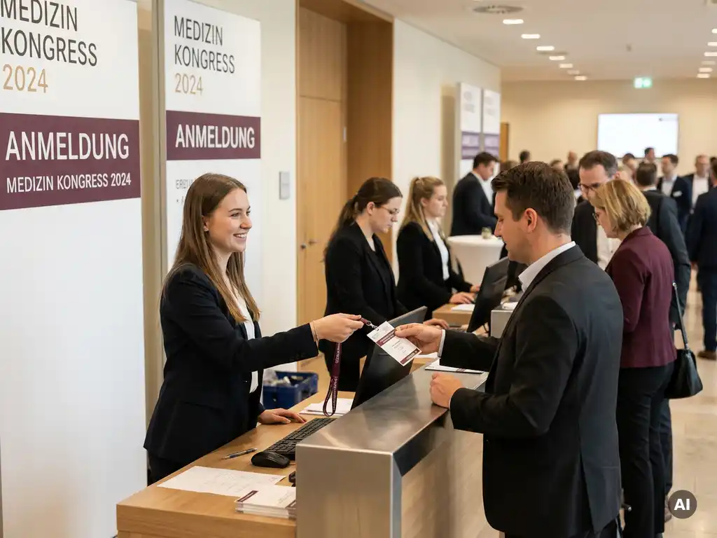 Hostess in dunklem Blazer überreicht einem Kongressgast ein Lanyardabzeichen am Empfangstresen eines deutschen Medizinkongresses.
