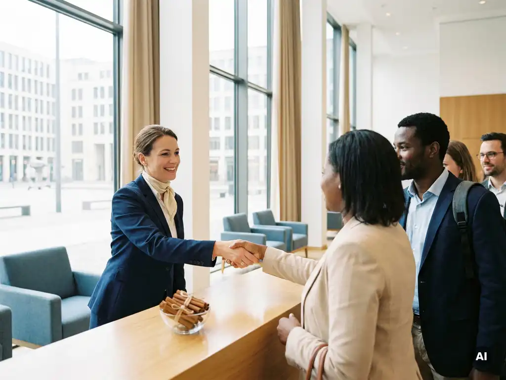 Mehrsprachige Eventmoderatorin in eleganter Businesskleidung begrüßt internationale Gäste in einem modernen deutschen Kongresszentrum mit Panoramafenstern.