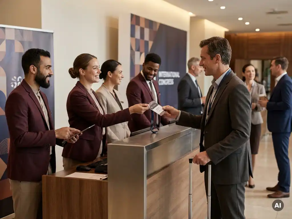 Mehrsprachiges Hospitality-Team überreicht Konferenzteilnehmer ein Lanyard-Badge an modernem Registrierungsschalter eines internationalen Kongresses.
