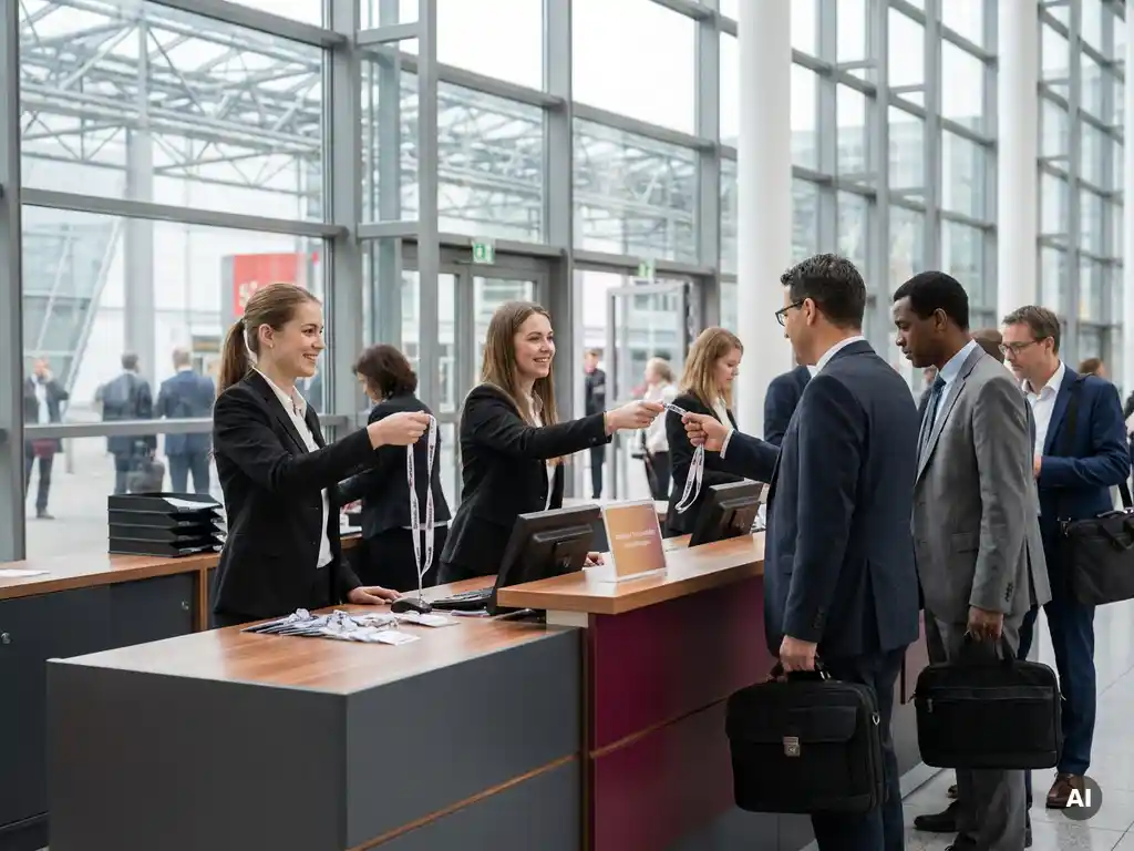Zwei Mitarbeiterinnen am Anmeldetresen der Messe Frankfurt übergeben Besuchern Ausweisbänder in modernem Messehallensetting.