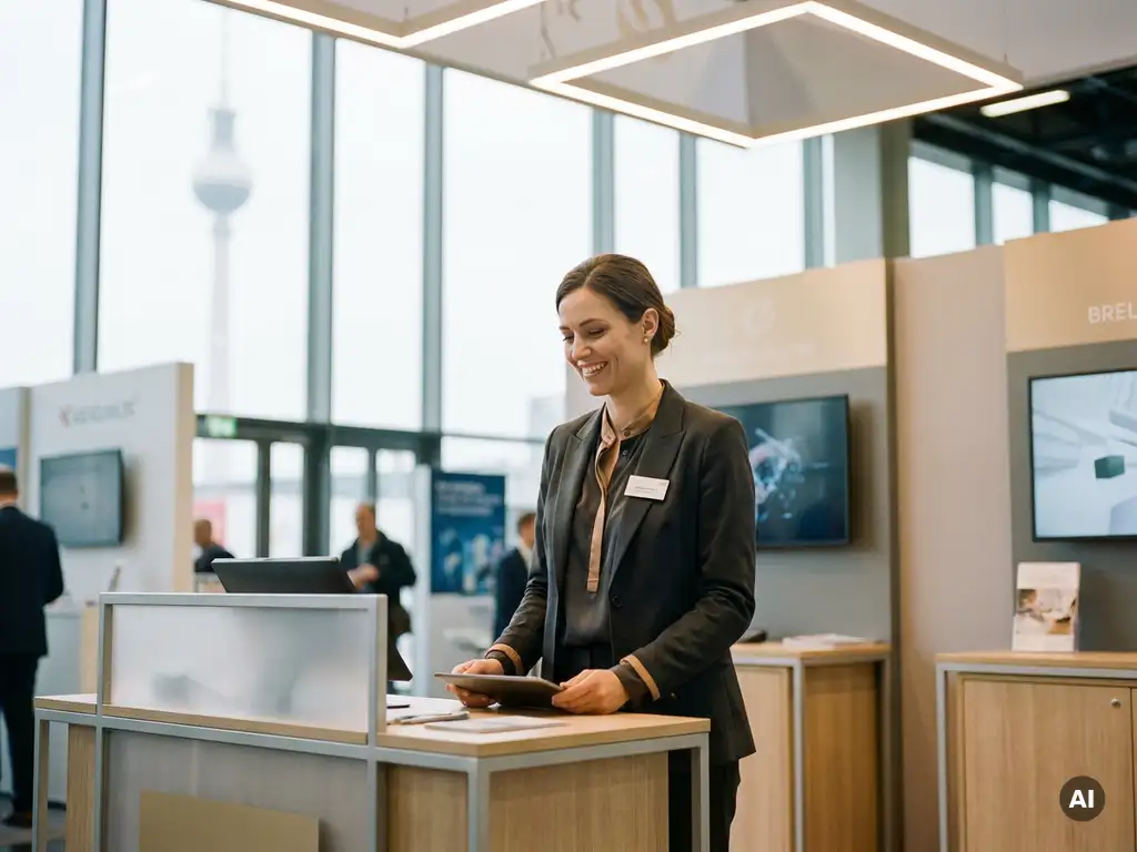 Elegante Messehostess an modernem Ausstellungsstand in Berliner Messehalle mit Fernsehturm im Hintergrund.