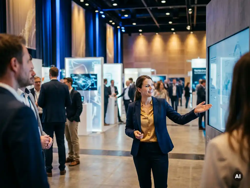 Elegante Hostess begrüßt Besucher auf einer Digitalkonferenz in einem modernen deutschen Messezentrum mit beleuchteten Ausstellungsständen.