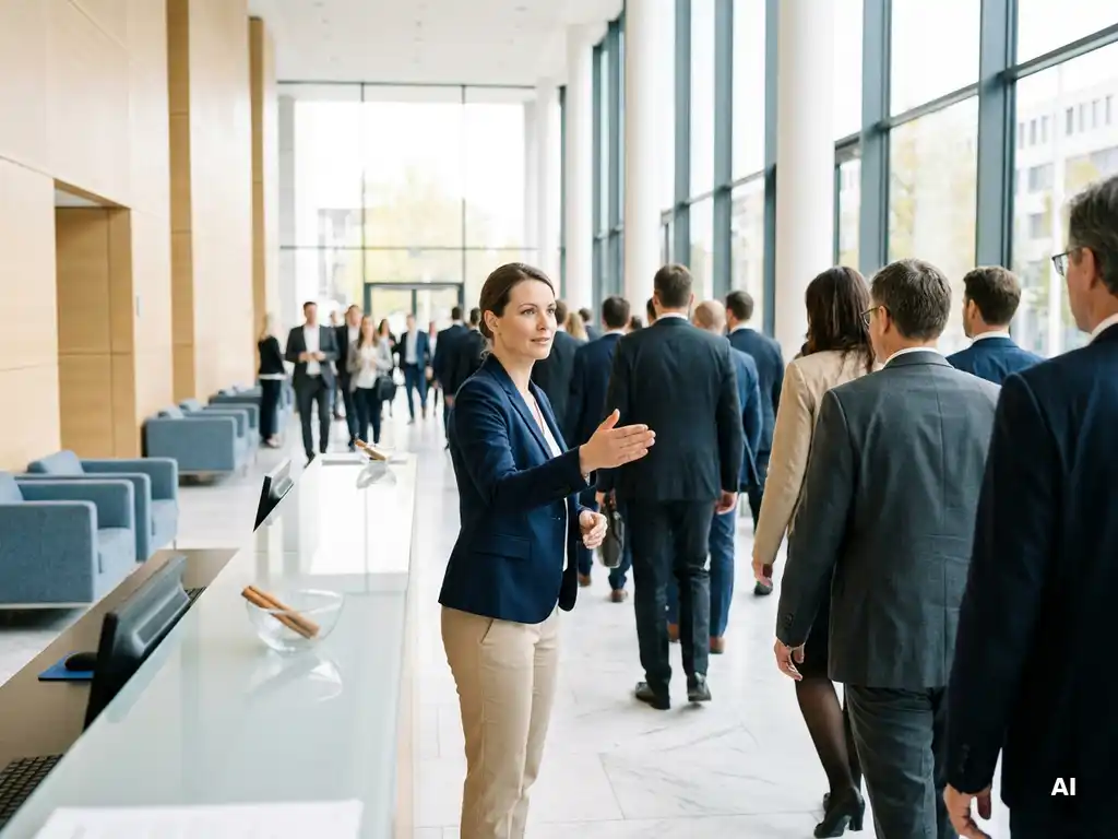 Professionelle Hostess in eleganter Kleidung leitet Geschäftsbesucher durch ein modernes deutsches Kongresszentrum mit Marmorempfang.