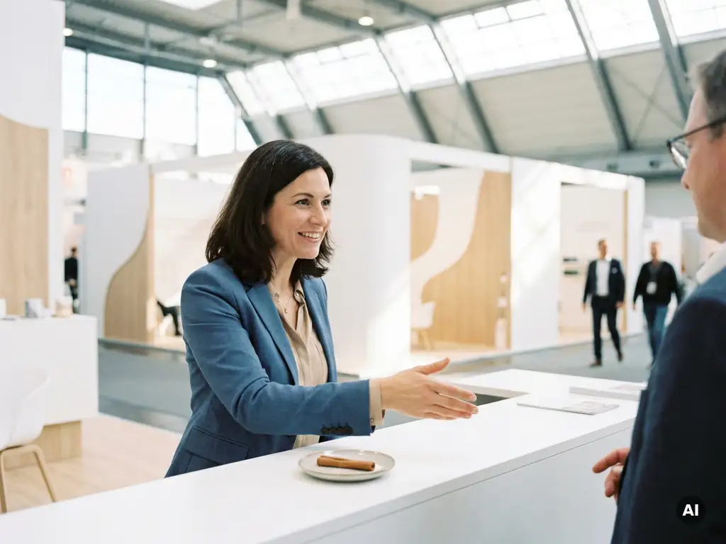 Mehrsprachige Messehostess begrüßt internationale Besucher in einer hellen deutschen Messehalle mit professionellem Lächeln.