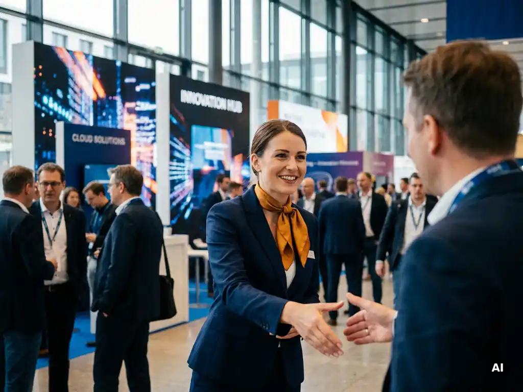 Gastgeberin in eleganter Kleidung begrüßt Besucher auf einer deutschen Tech-Messe mit modernen Ausstellungsständen im Hintergrund.