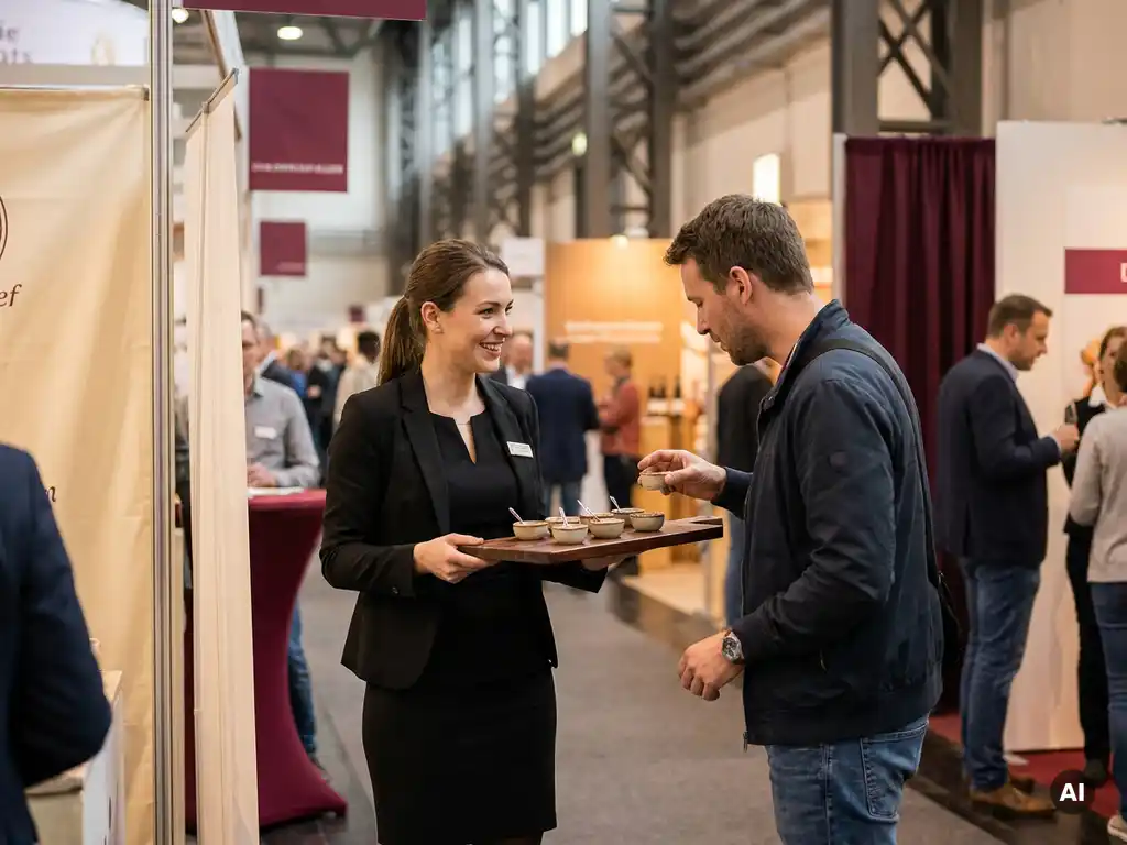 Hostess in elegantem schwarzen Outfit reicht einem Gast eine Kostprobe auf Holzbrett bei einer deutschen Messe.