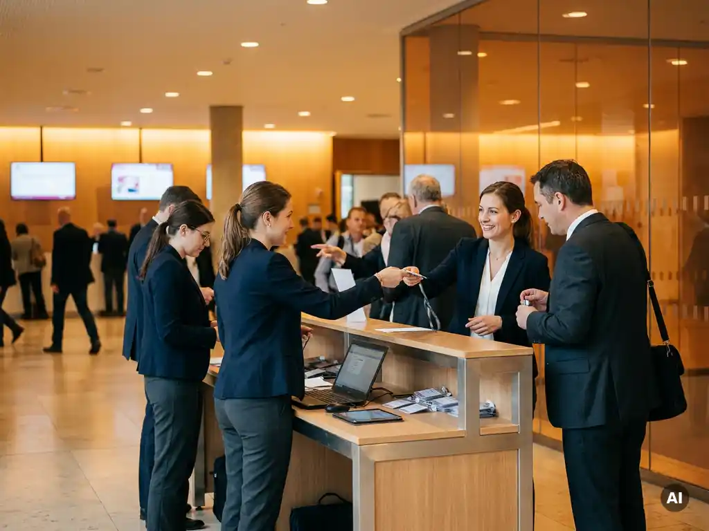 Drei Hostessen in dunklen Blazern reichen Besuchern Badges und Lanyards am Akkreditierungsschalter eines modernen Kongresszentrums.
