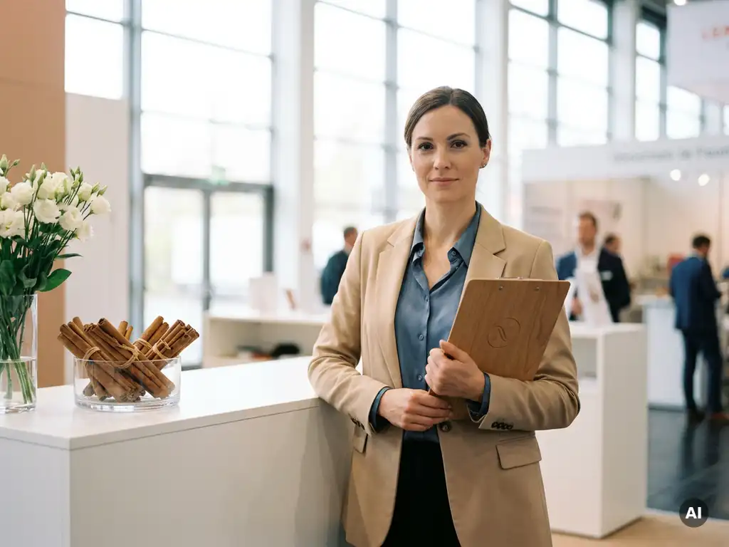 Selbstbewusste Geschäftsfrau mit Klemmbrett an modernem Messestand mit Zimtstangen-Dekoration und natürlichem Licht.