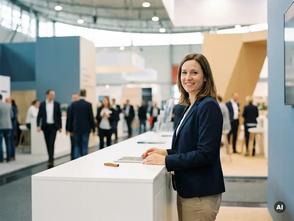 Messehostess im Blazer an modernem Ausstellungsstand mit Zimtstange auf dem Tresen, helle Messehalle im Hintergrund.
