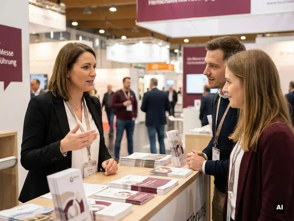 Messehostess im schwarzen Blazer brieft zwei Kollegen an einem Messestand, Lanyards und Werbematerialien auf dem Tresen sichtbar.
