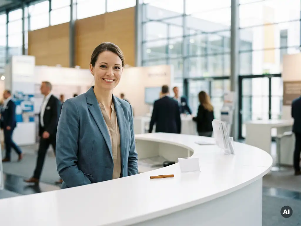 Selbstbewusste Messehostess im Blazer an modernem Empfangstresen mit Zimtstange und Namensschild, helle Messehalle im Hintergrund.