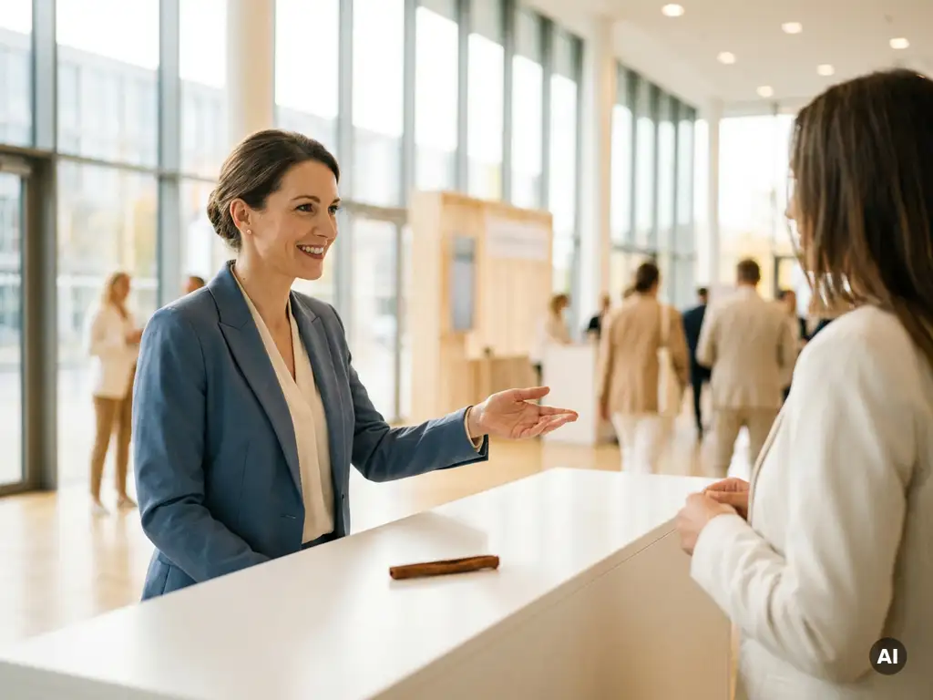 Elegante Messehostess begrüßt Besucher an weißem Empfangstresen auf einer modernen deutschen Messe mit natürlichem Lichteinfall.