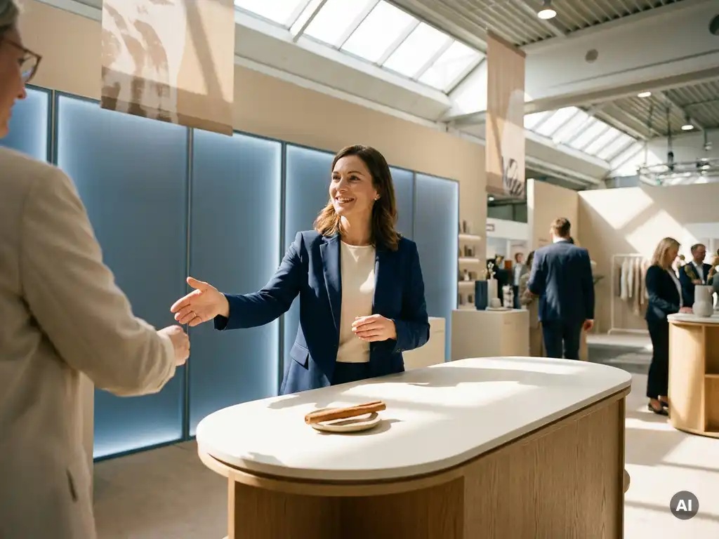 Messehostess im Blazer begrüßt Besucher an modernem Messestand mit Zimtstange als Markenelement, helle Messehalle