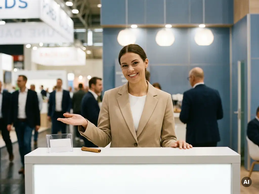 Messehostess in elegantem Outfit begrüßt Besucher an modernem Ausstellungsstand mit hellem, freundlichem Lächeln.