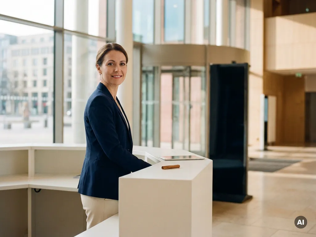 Elegante Hostess in moderner deutscher Messehalle mit Empfangstresen, natürlichem Licht und warmen Beigetönen.
