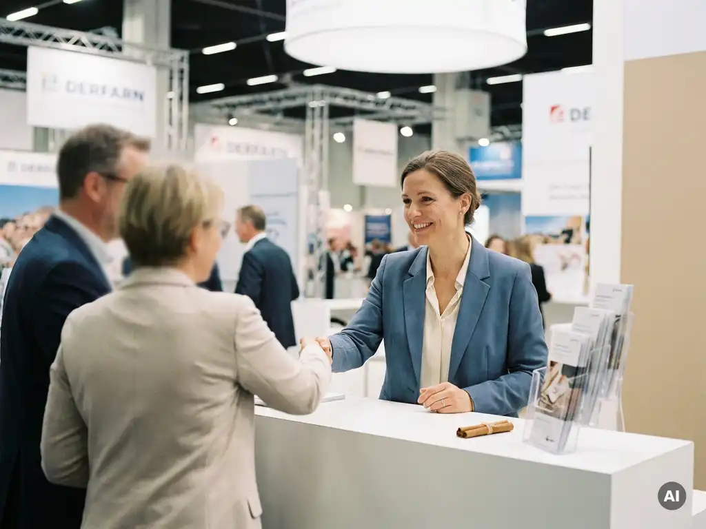 Freundliche Messehostess an elegantem weißem Messestand mit Zimtstange auf dem Tresen, moderner Messehalle im Hintergrund.